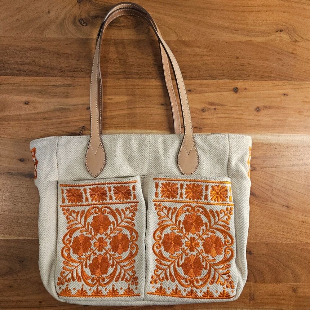 Brighton Embroidered Canvas Tote Bag Boho Orange Cream Beach Vacation Resort